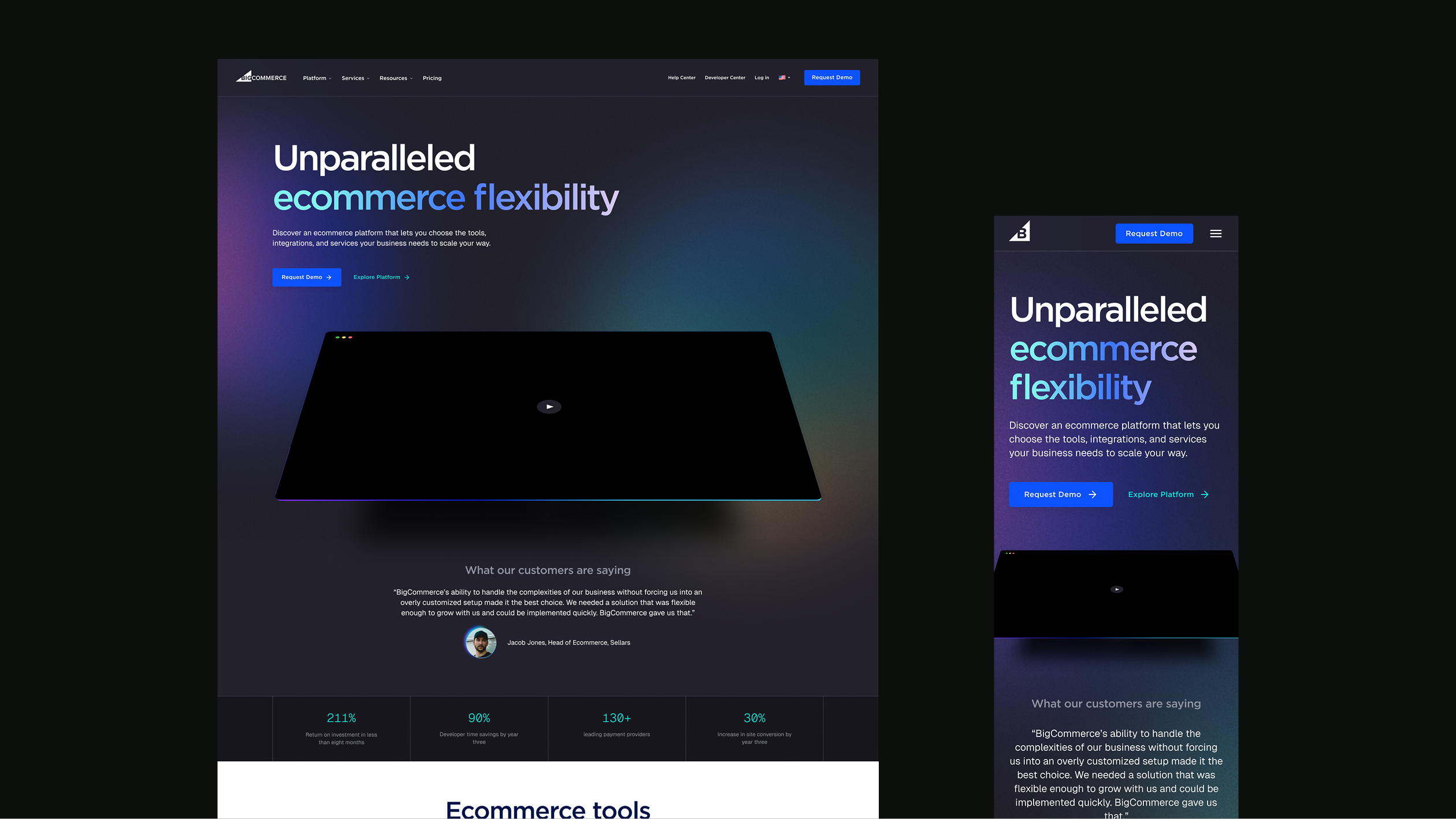 Desktop and mobile built together — the hero engineered for each frame, not reflowed.