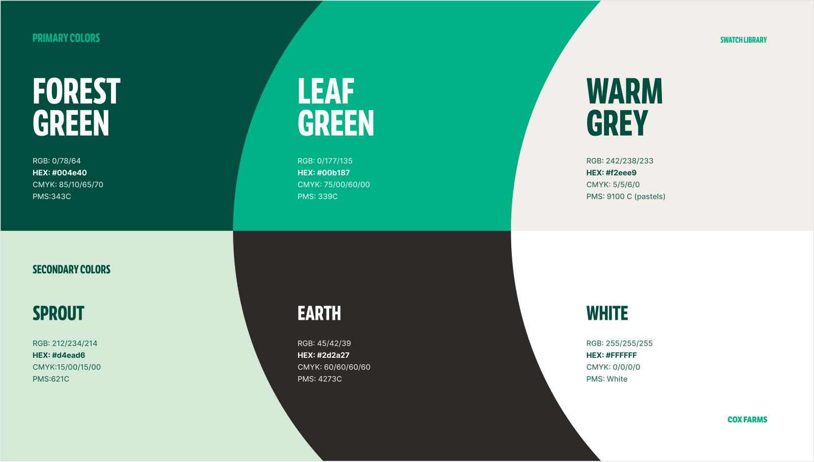 The color foundation — Forest Green, Leaf Green, Warm Grey and the secondary set, with print values carried through for handoff.