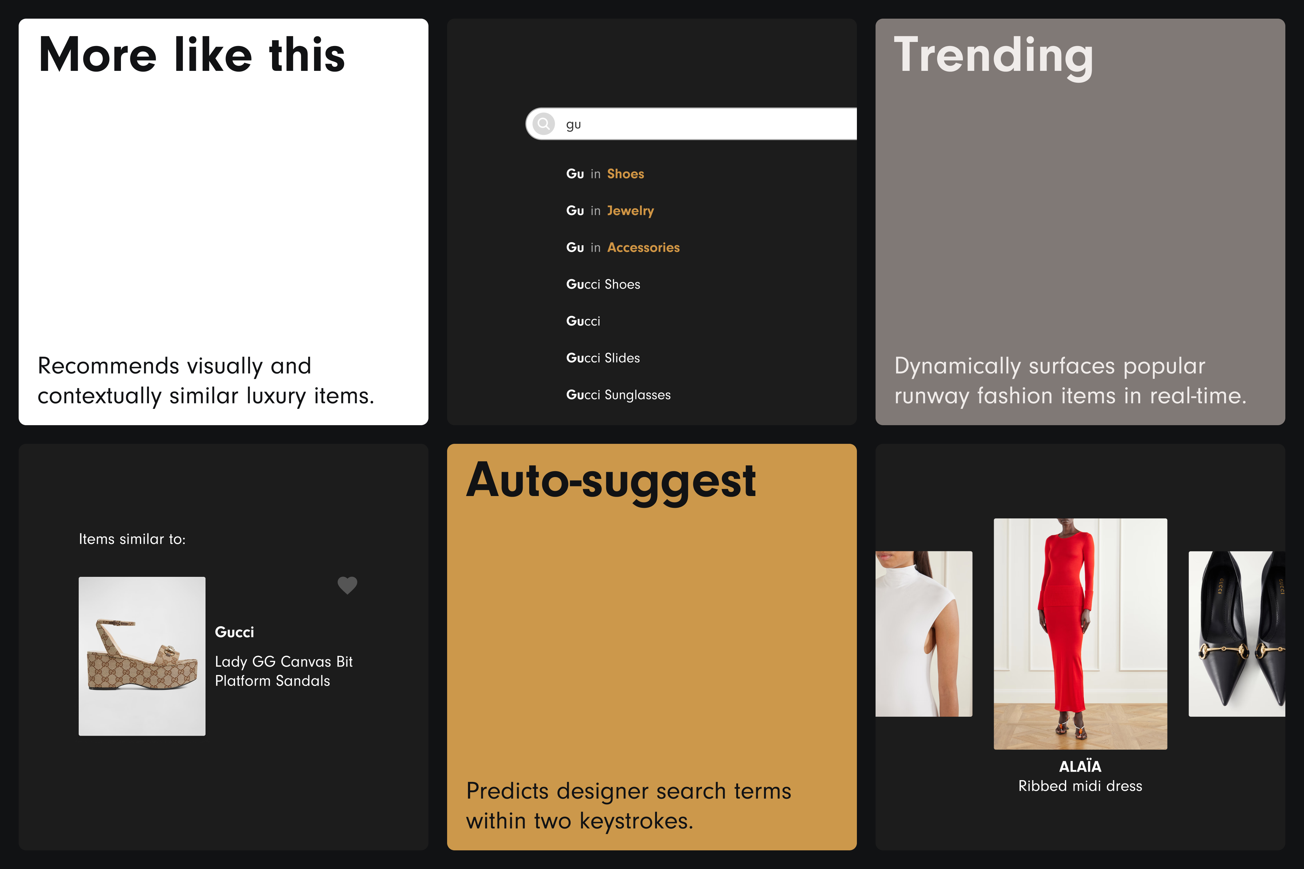 One intelligence layer, three moments — More Like This, Trending, and Auto-suggest.