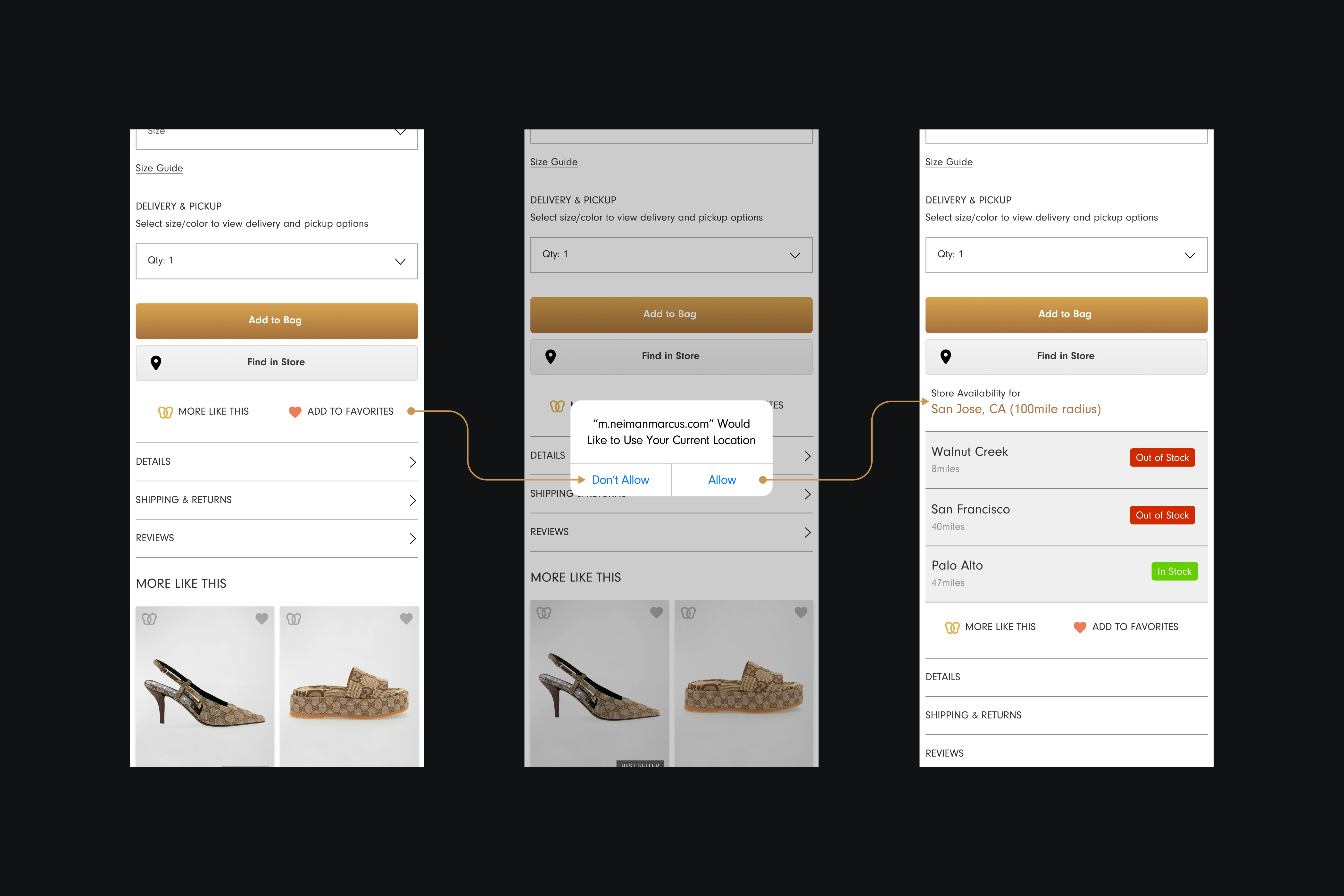 Find in Store — location asked for only at the moment it helps, availability shown plainly.