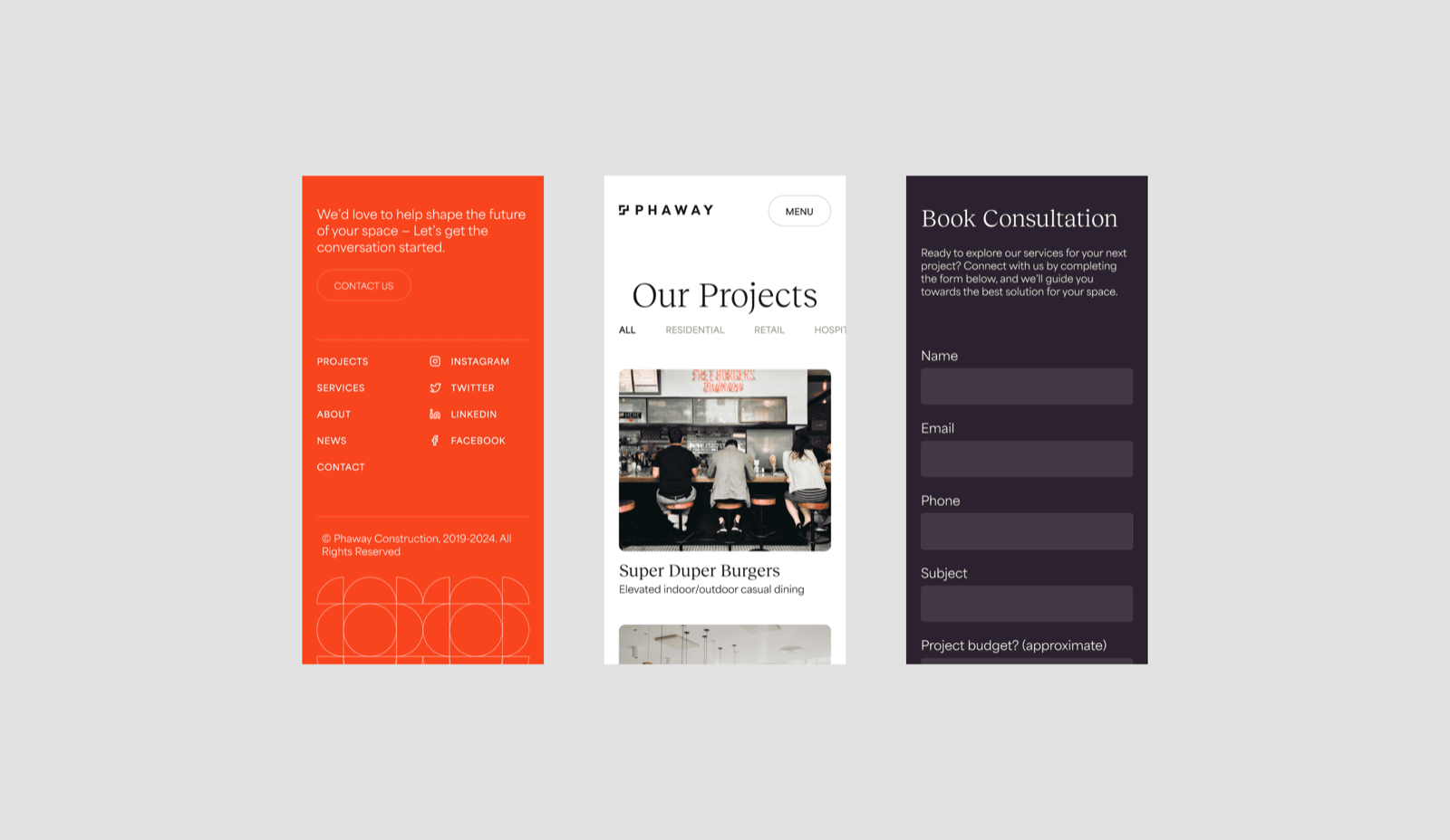 Contact, Our Projects, and Book Consultation — the considered intake the whole site exists to reach.